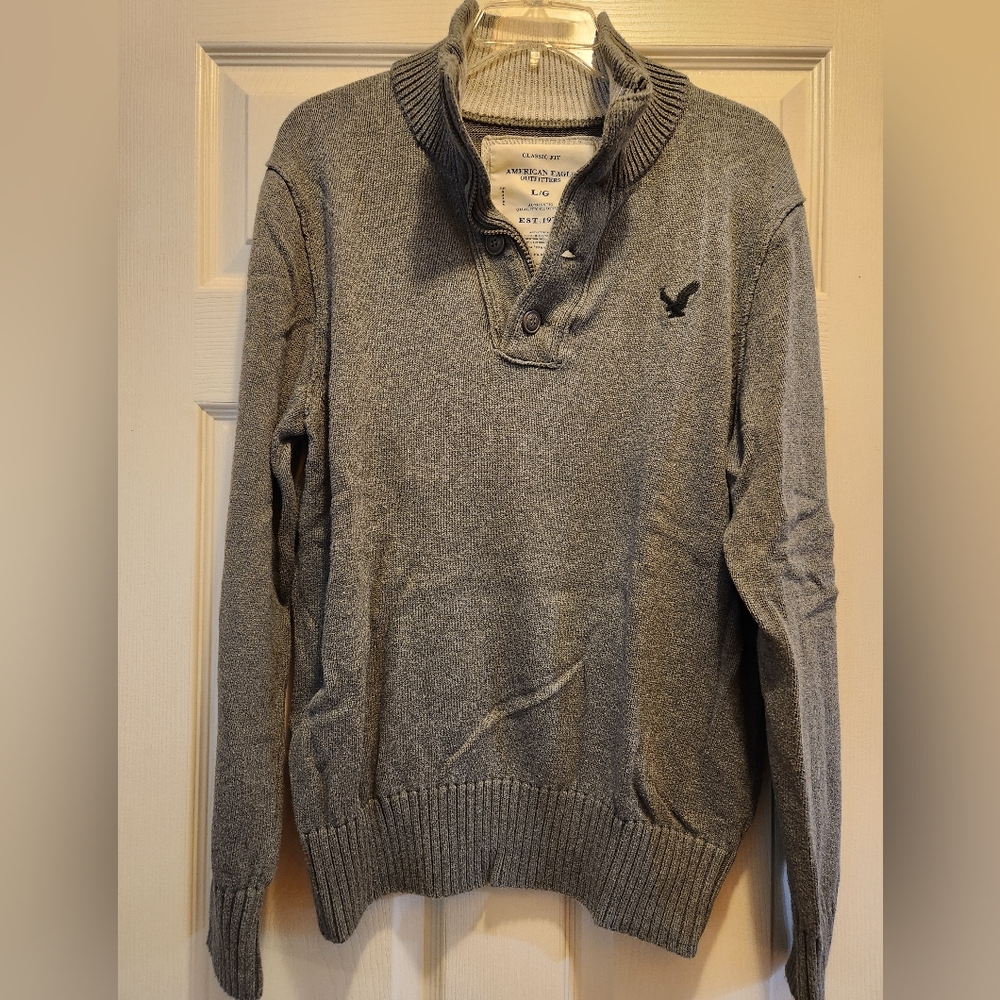 American Eagle Outfitters Mens Gray Sweater with Logo Classic Fit, Size L